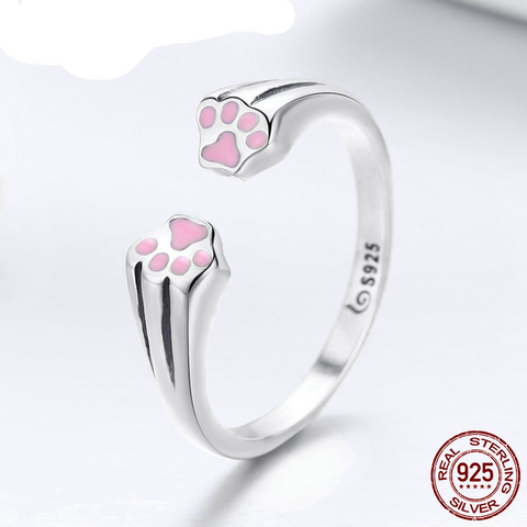 Image of 100% 925 Sterling Silver Animal Pet Dog Cat Footprints Finger Ring for Women Engagement Jewelry