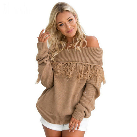 Image of Tassel Sweater Long sleeve Pullovers Loose Knitted Sweater Slash Neck Sexy Off Shoulder Tops