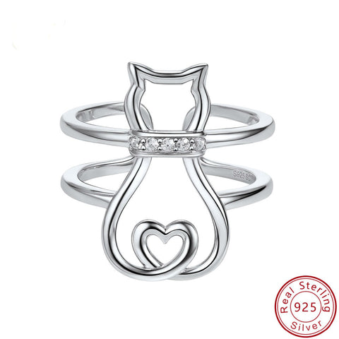 Image of Cat Heart Ring 925 Sterling Silver CZ Ring Adjustable