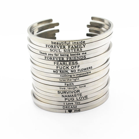 Image of Stainless Steel Engraved Positive Inspirational Quote Hand Stamped BAR Cuff Bracelet Mantra Bangle for women (COLOR:SILVER)