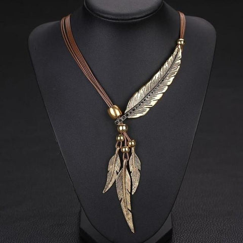 Image of Leather & Leaf Antiqued Vintage Style with Clasp Necklace  & Free Shipping
