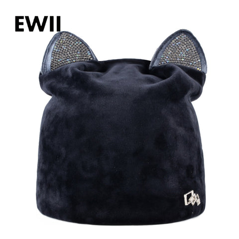 Image of Velvet & Rhinestone Cat Ear Beanie