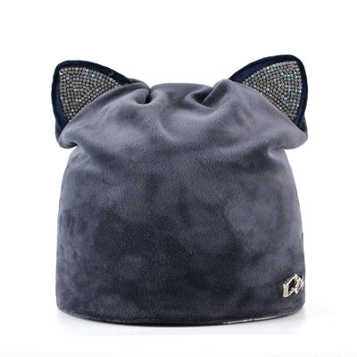 Image of Velvet & Rhinestone Cat Ear Beanie