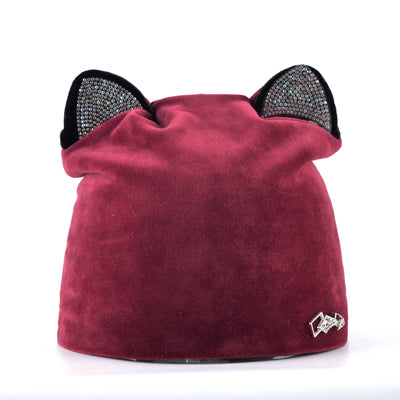Image of Velvet & Rhinestone Cat Ear Beanie