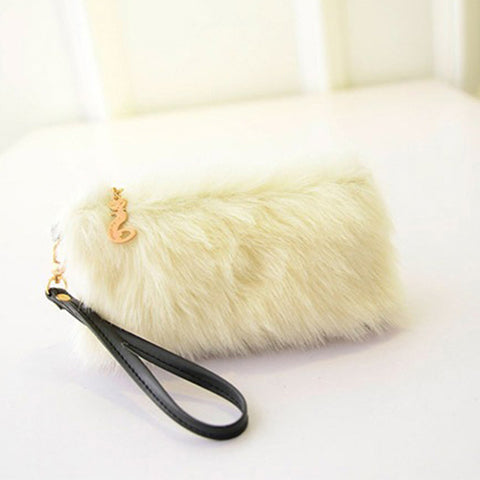 Image of Fur Clutch Handbag Wristlet Fashion Zipper Purses