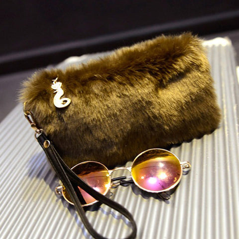 Image of Fur Clutch Handbag Wristlet Fashion Zipper Purses