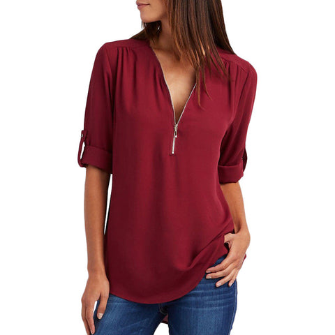 Image of Chiffon Blouse to 5XL Plus Sizes V-neck Roll Up Sleeve Zipper Tunic