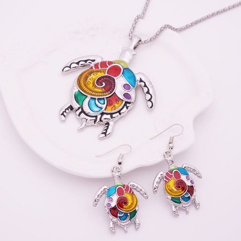 Image of Enamel Sea Turtle Necklace & Earring Set Vintage Ethnic Inspired Jewelry