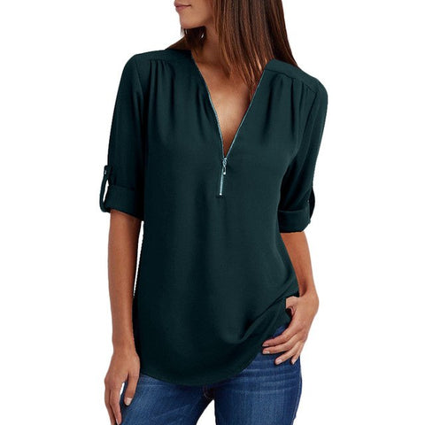 Image of Chiffon Blouse to 5XL Plus Sizes V-neck Roll Up Sleeve Zipper Tunic