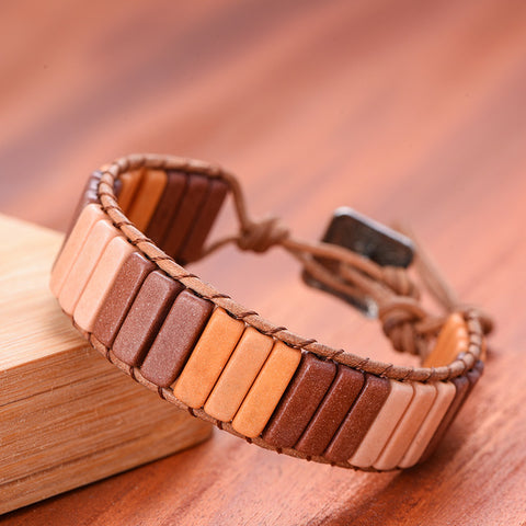 Image of Chakra Bracelet Jewelry Handmade Multi Color Natural Stone Tube Beads Leather Wrap Couples Bracelets Creative Hologram Bracelets