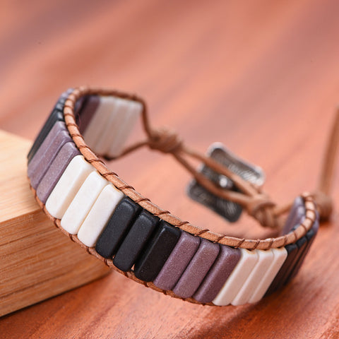 Image of Chakra Bracelet Jewelry Handmade Multi Color Natural Stone Tube Beads Leather Wrap Couples Bracelets Creative Hologram Bracelets
