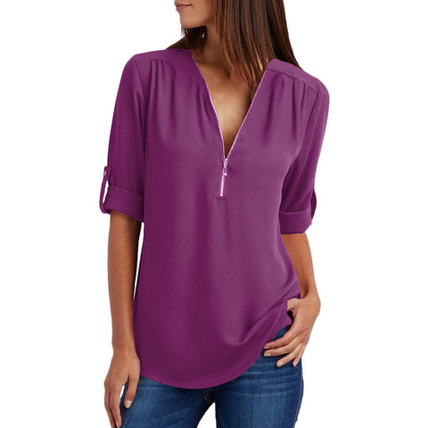 Image of Chiffon Blouse to 5XL Plus Sizes V-neck Roll Up Sleeve Zipper Tunic
