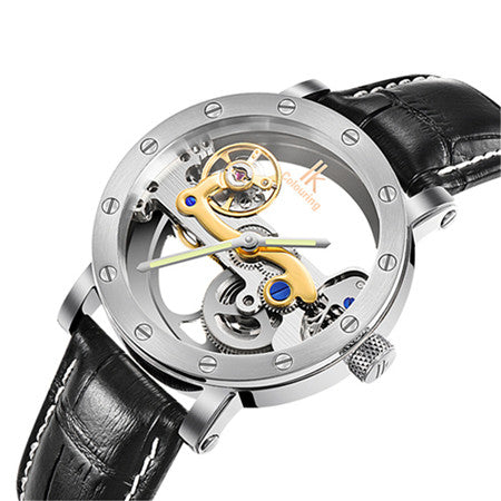 Image of Luxury Brand IK  Leather Strap Transparent Dial Golden Case Mens Watches Automatic Mechanical