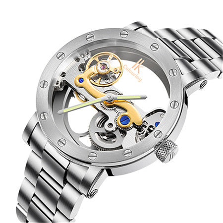 Image of Luxury Brand IK  Leather Strap Transparent Dial Golden Case Mens Watches Automatic Mechanical