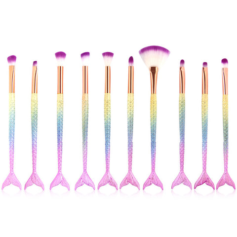 Image of Professional 10 PCS Mermaid Makeup Brushes Set Foundation Blending Powder Eyeshadow Contour Concealer Blush Cosmetic Makeup Tool