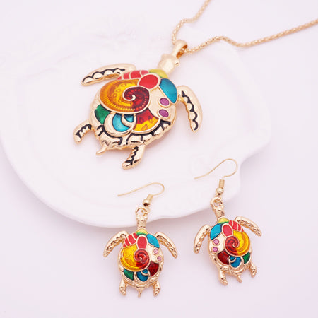 Image of Enamel Sea Turtle Necklace & Earring Set Vintage Ethnic Inspired Jewelry