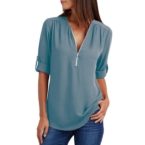 Image of Chiffon Blouse to 5XL Plus Sizes V-neck Roll Up Sleeve Zipper Tunic