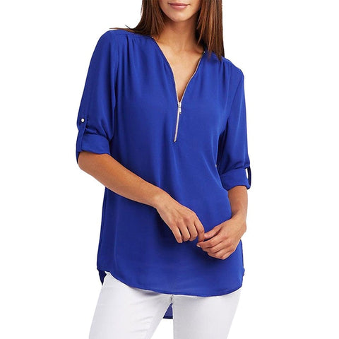 Image of Chiffon Blouse to 5XL Plus Sizes V-neck Roll Up Sleeve Zipper Tunic
