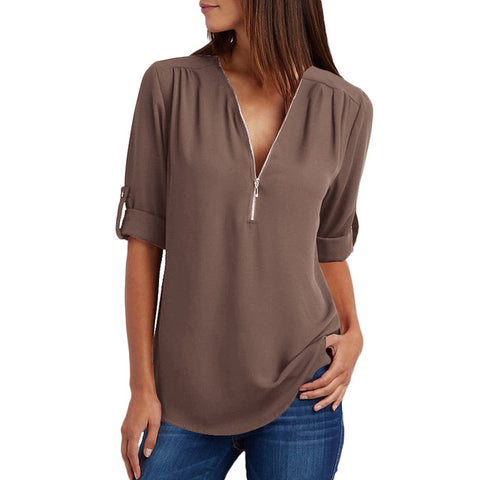 Image of Chiffon Blouse to 5XL Plus Sizes V-neck Roll Up Sleeve Zipper Tunic