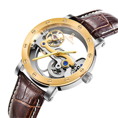 Image of Luxury Brand IK  Leather Strap Transparent Dial Golden Case Mens Watches Automatic Mechanical