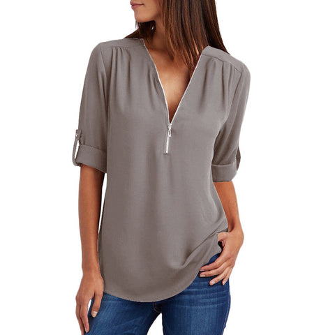 Image of Chiffon Blouse to 5XL Plus Sizes V-neck Roll Up Sleeve Zipper Tunic