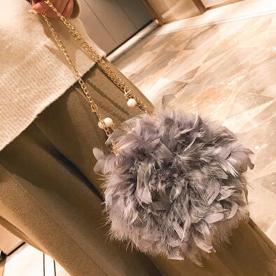Image of New Women Handbags Quality Soft Fluffy Plush & Feathers Elegant Ladies Chain Round Shoulder bag