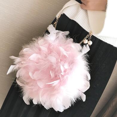 Image of New Women Handbags Quality Soft Fluffy Plush & Feathers Elegant Ladies Chain Round Shoulder bag