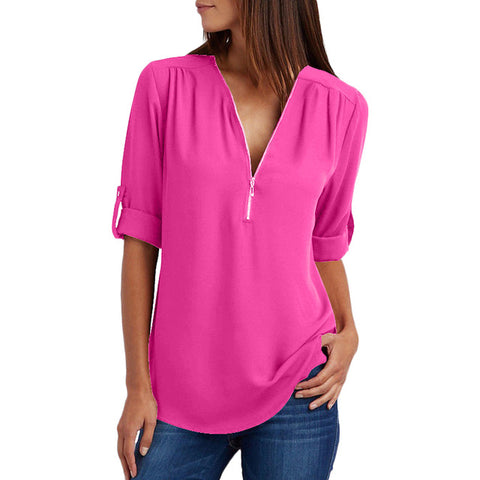 Image of Chiffon Blouse to 5XL Plus Sizes V-neck Roll Up Sleeve Zipper Tunic