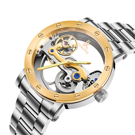 Image of Luxury Brand IK  Leather Strap Transparent Dial Golden Case Mens Watches Automatic Mechanical