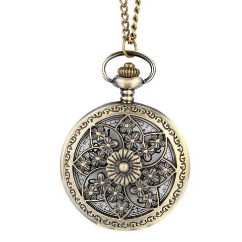 Image of Vintage Steampunk Hollow Flower Quartz Pocket Watch Necklace Pendant Chain