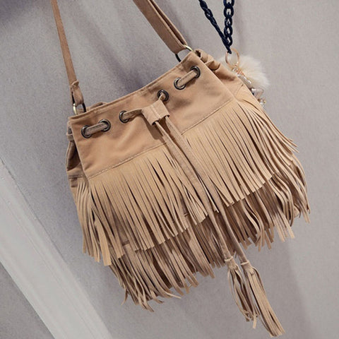 Image of Retro Faux Suede Fringe Women Messenger Bags Tote New Handbag Tassel Shoulder Handbags Crossbody Bag Top-Handle Bags