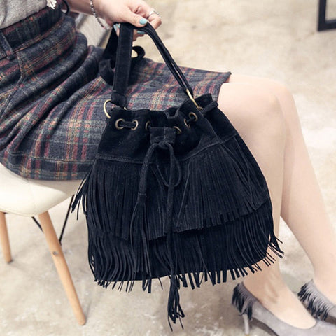 Image of Retro Faux Suede Fringe Women Messenger Bags Tote New Handbag Tassel Shoulder Handbags Crossbody Bag Top-Handle Bags