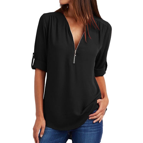 Image of Chiffon Blouse to 5XL Plus Sizes V-neck Roll Up Sleeve Zipper Tunic