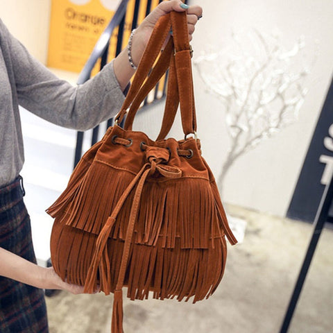 Image of Retro Faux Suede Fringe Women Messenger Bags Tote New Handbag Tassel Shoulder Handbags Crossbody Bag Top-Handle Bags
