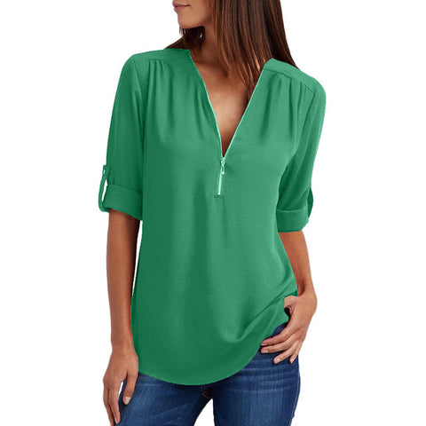 Image of Chiffon Blouse to 5XL Plus Sizes V-neck Roll Up Sleeve Zipper Tunic