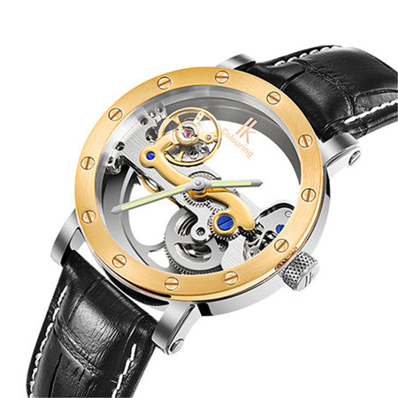 Luxury Brand IK  Leather Strap Transparent Dial Golden Case Mens Watches Automatic Mechanical