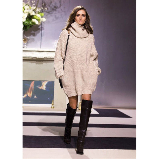 Highneck Long Sleeve Knit Sweater Dresses Loose with Pockets Warm Winter Dresses