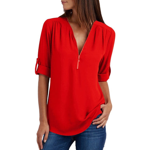 Image of Chiffon Blouse to 5XL Plus Sizes V-neck Roll Up Sleeve Zipper Tunic