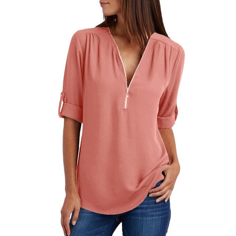 Image of Chiffon Blouse to 5XL Plus Sizes V-neck Roll Up Sleeve Zipper Tunic