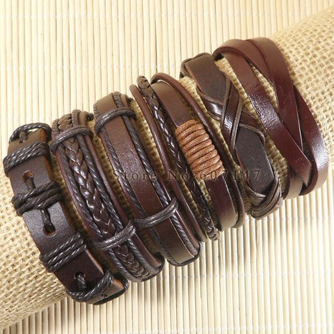 Image of 6pcs Handmade ethnic tribal genuine braided leather