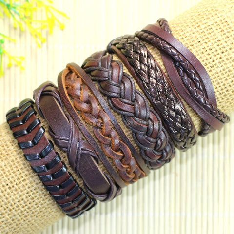Image of 6pcs Handmade ethnic tribal genuine braided leather