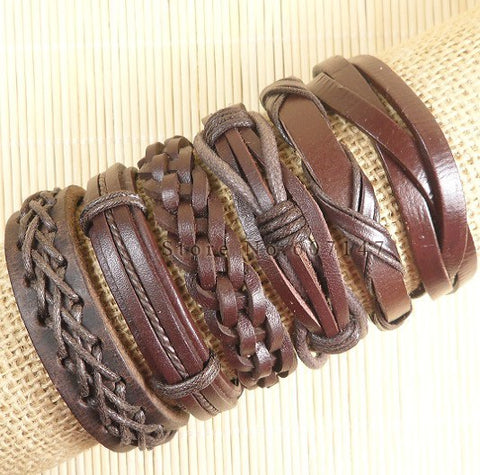 Image of 6pcs Handmade ethnic tribal genuine braided leather