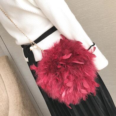 Image of New Women Handbags Quality Soft Fluffy Plush & Feathers Elegant Ladies Chain Round Shoulder bag