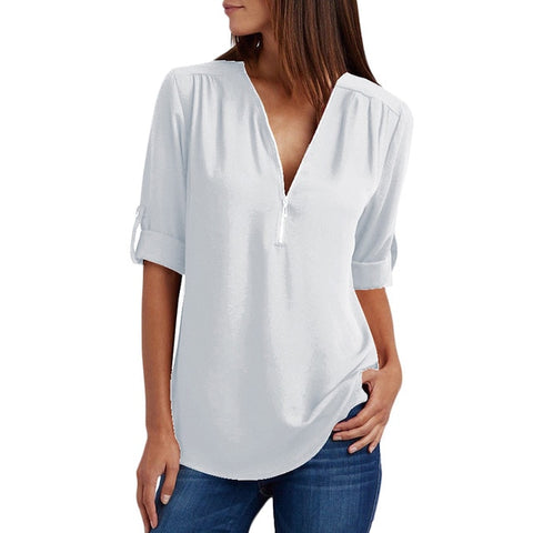 Image of Chiffon Blouse to 5XL Plus Sizes V-neck Roll Up Sleeve Zipper Tunic