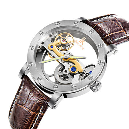 Luxury Brand IK  Leather Strap Transparent Dial Golden Case Mens Watches Automatic Mechanical