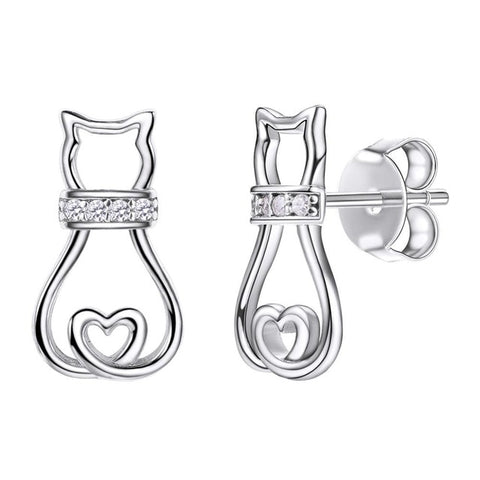 Image of Cat Heart Stud Earrings in 925 Sterling Silver