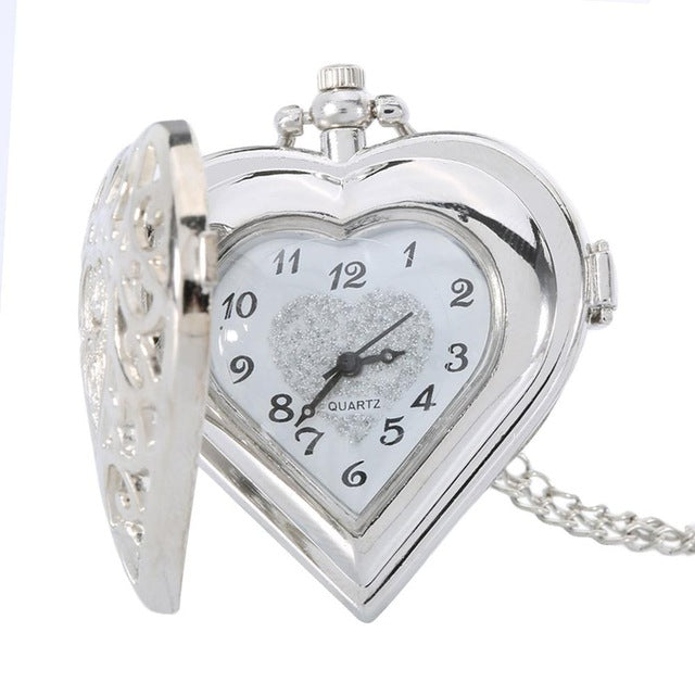 Fashion Silver Hollow Quartz Heart Shaped Pocket Watch Necklace Pendant Chain Clock Women Gift High Quality LXH