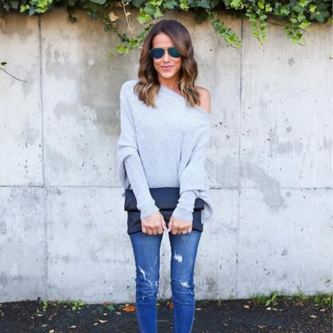 Image of Off Shoulder Oversized Winter Off Shoulder Oversized Knitted Sweaters Ladies Runway Sweaters Winter Tops