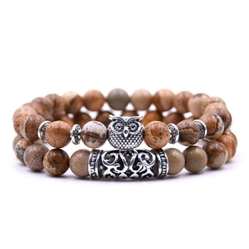 Image of 8mm Owl Stone Bracelet Sets Charms Friendship Bracelets & Bangles in 16 Colors different colors of 2Pcs/sets