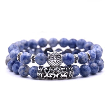 Image of 8mm Owl Stone Bracelet Sets Charms Friendship Bracelets & Bangles in 16 Colors different colors of 2Pcs/sets